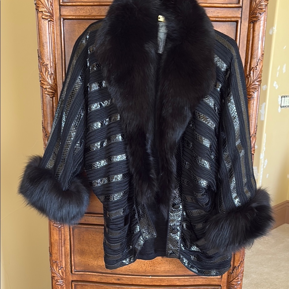 Stunning Luxurious Black Fur-Trimmed sweater style with button & sleeves-medium